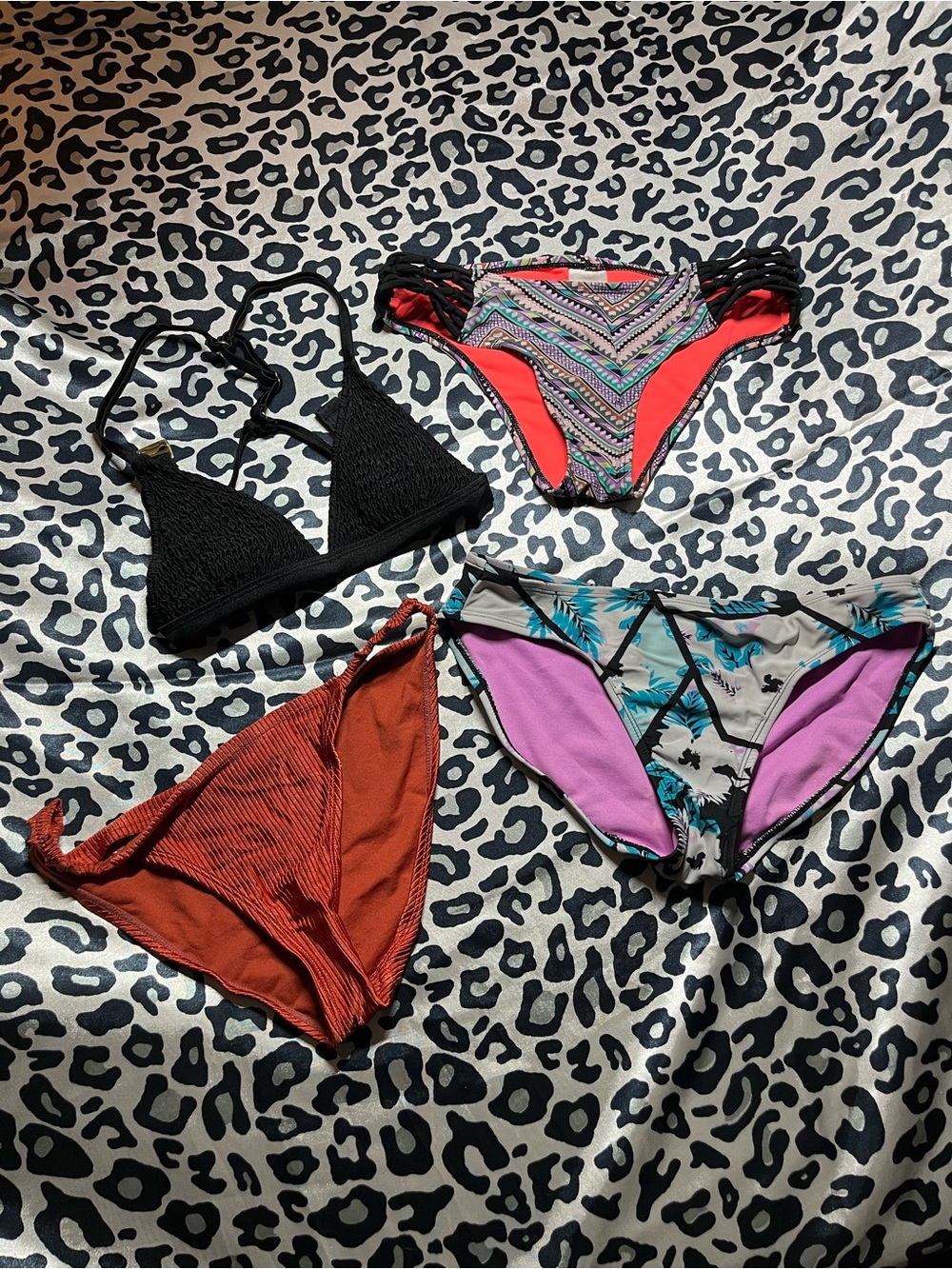 Set of Four - 3 Bikini Bottoms + 1 Black Triangle Top - Mixed Prints & Solids